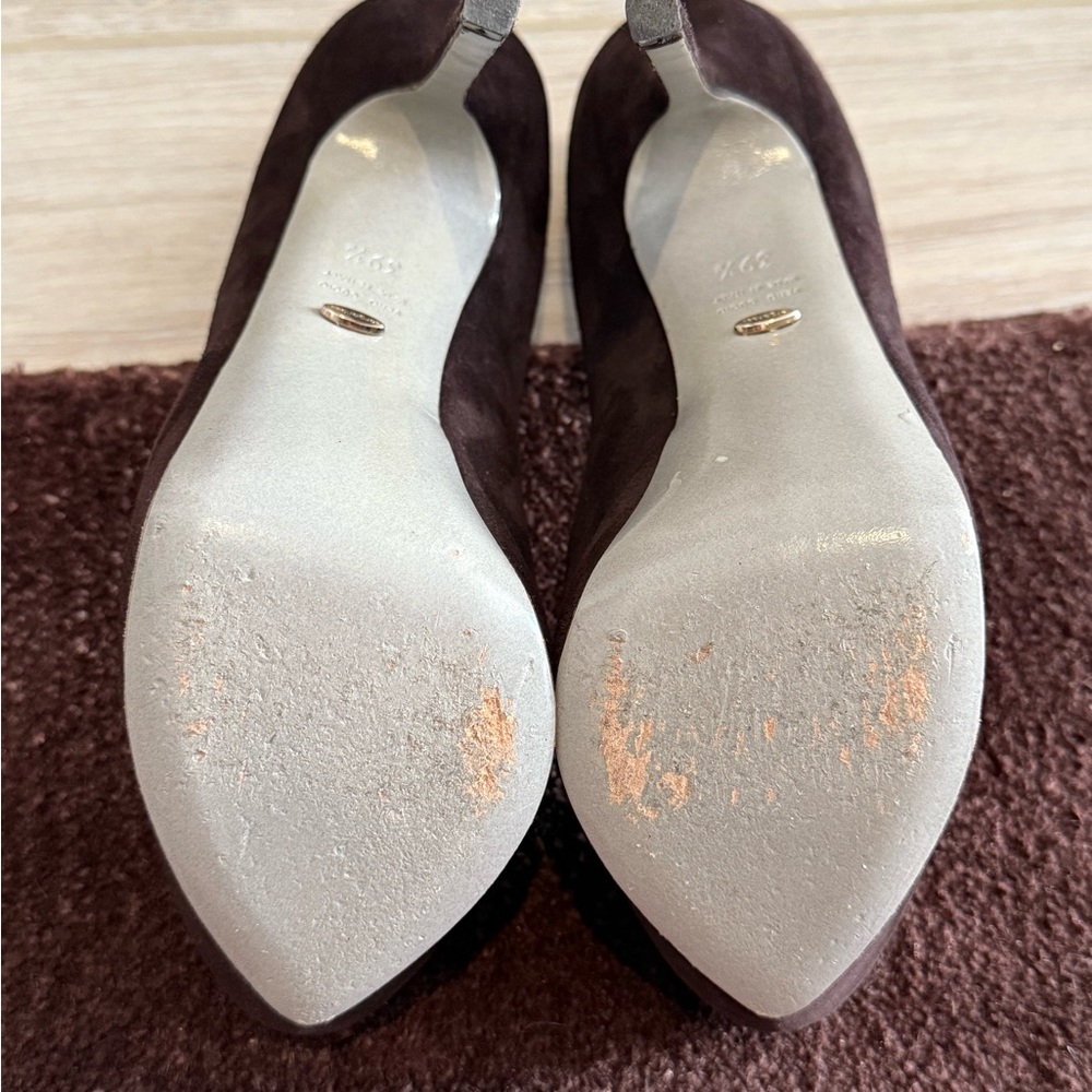 $845 SERGIO ROSSI Dark Chocolate Brown Suede Peep Toe Platform Heels Pumps 39.5 - Picture 14 of 14